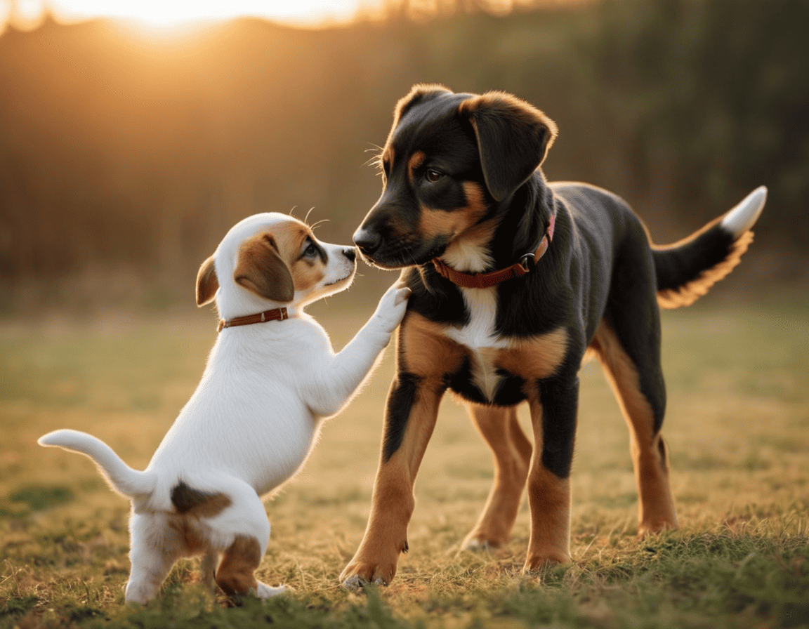 Ein Welpe und ein erwachsener Hund nebeneinander